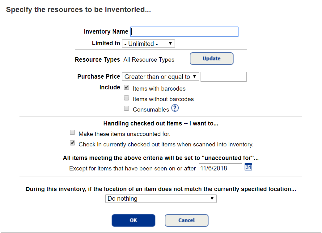 Options to specify the resources to be inventoried.